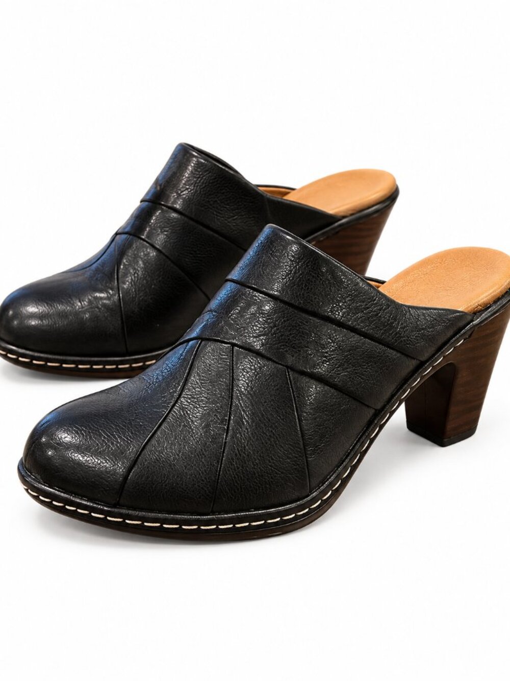 Söfft Madrid Black Leather Mules 7M Block Heel Comfort Slip On Shoes
